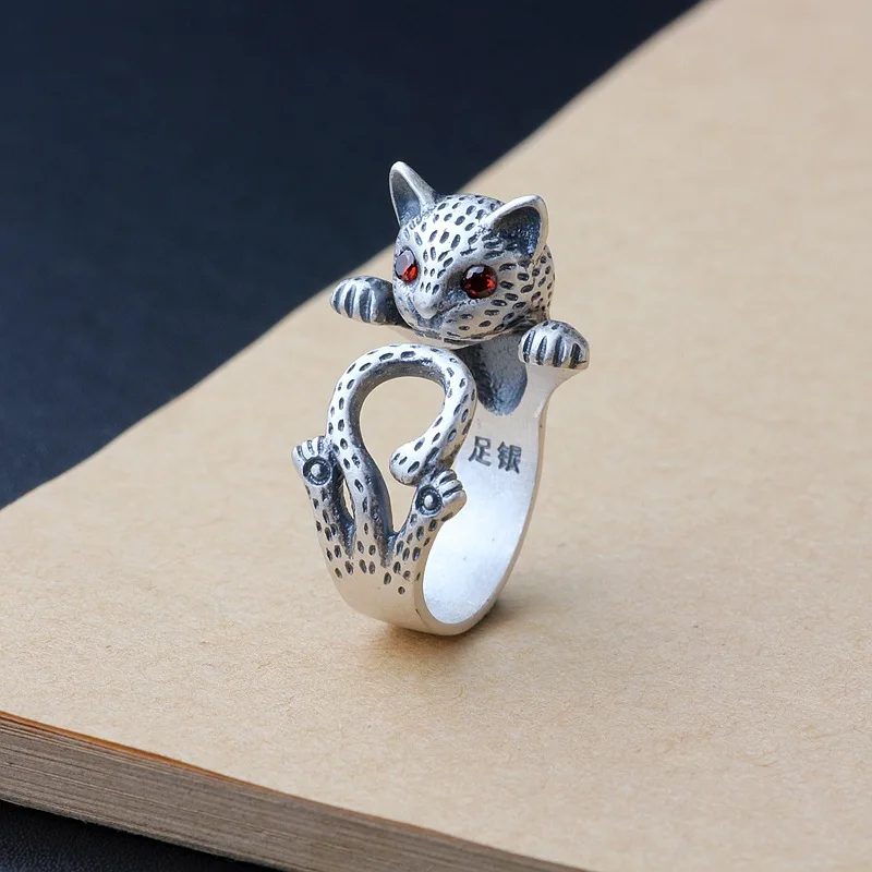

Real S990 Sterling Silver Retro Personality Animal Cute kitten Open Ring MeiBaPJ Exquisite Commemorative Gift Party Jewelry