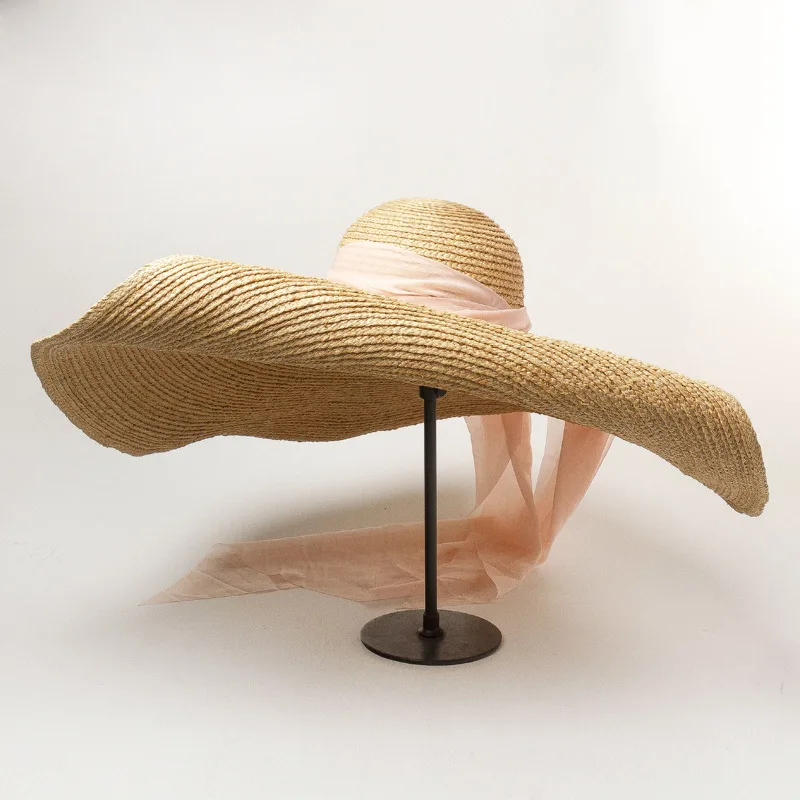 01907-HH7327 дизайн лето ручной работы рафия может сложить длинный цвет ленты Леди Шляпа Fedora Женская Досуг праздник пляжная шляпа - Цвет: Розовый