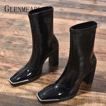 

Women Ankle Boots Skinny Snow Boots Women Shoes Metal Square Toe Thick Heel Patent Leather sHigh Heel Boot Stretch Handsome New