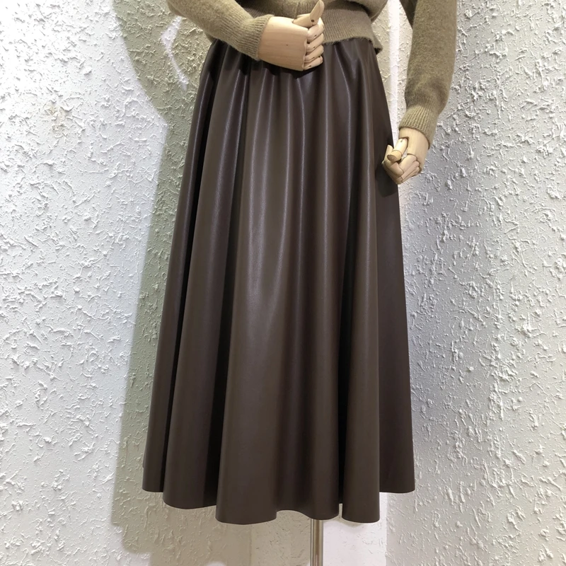 

80cm Women Leather Long Skirts Pockets 2021 Winter Elastic Waist A-Line Flare Skirt Brand Thick Latex Falda Larga