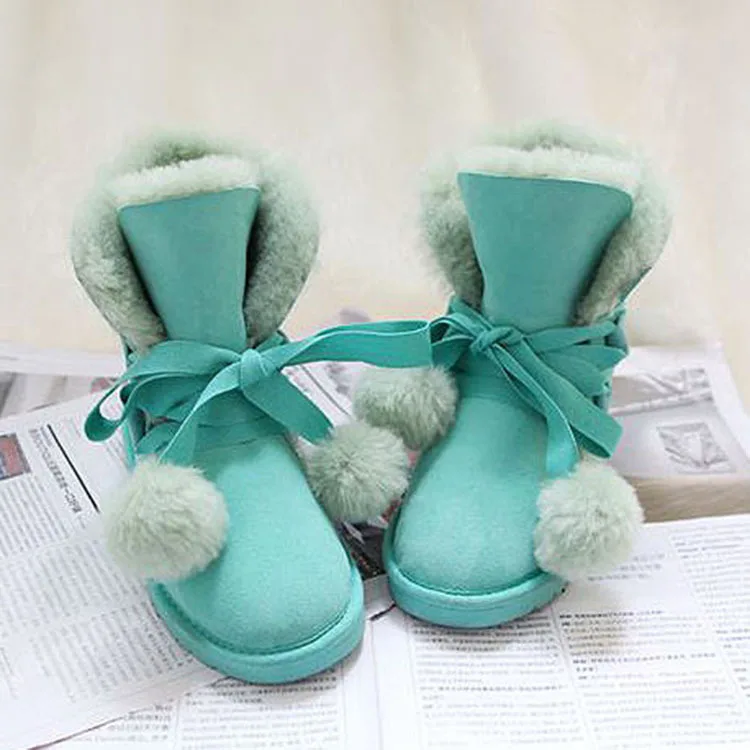 New Top Quality Fashion Women Snow Boots Natural Fur Warm Women Boots Genuine Sheepskin Leather Lace Up Winter Boots Shoes - Цвет: Green Lake