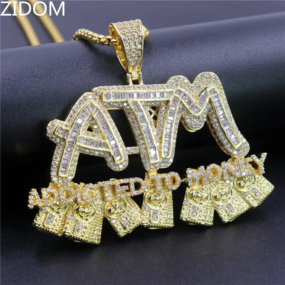 2019 new men hip hop atm addicted to money pendant necklaces high quality aaa zircon hiphop letters necklace charm jewelry gifts