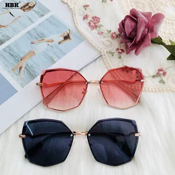 

HBK Fashion Rimless Sunglasses Women Pink Shades Brand Design Irregualr Frameless Traveling Style UV400 Gold Tea For Men Outside