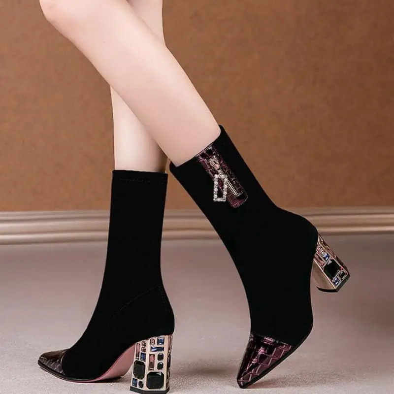 Women's Boots 2021 New Fabric High Heels Autumn Winter Socks Boots Warm Plush Women's Fashion Zipper Toe Cap