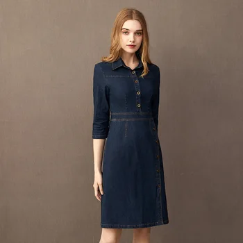 

Women Winter Three Quarter Sleeve Knee Length Denim Work Dress 2019 Winter Dark Blue Midi OL Dress Elegant High Waist Outfits
