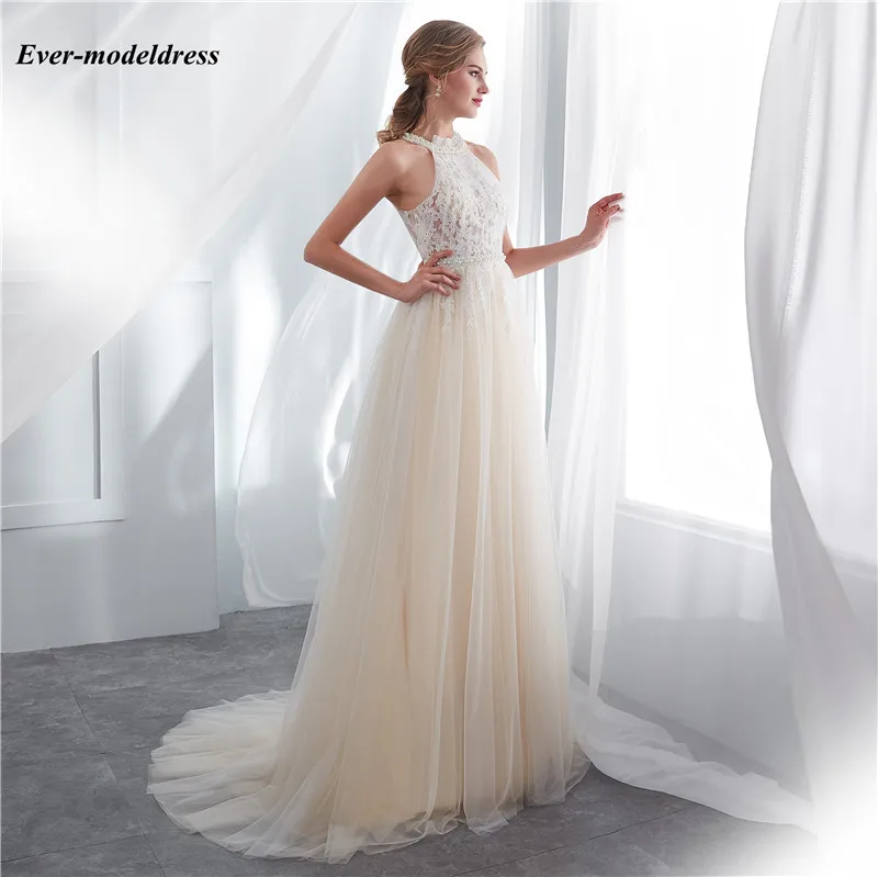 Vestido De Noiva богемное кружевное свадебное платье груши бисером Холтер без рукавов Иллюзия пуговицы сзади свадебные платья
