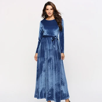 

Long Simple Solid Elegant Women Party Dress 2020 Spring Full Sleeve Blue Slim Sashes Dresses Vestidos