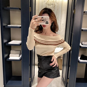 

COIGARSAM Knitting blouse women New Spring Full Sleeve Sheath blusas womens tops and blouses Black Apricot 3177