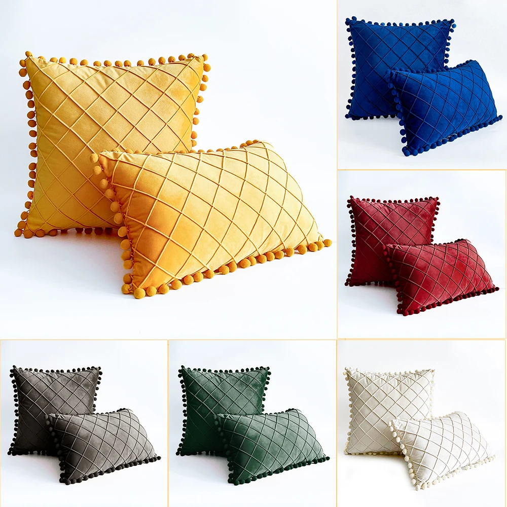 

30X50/45X45CM Solid Color Velvet Fluffy Ball Pillowcase Diamond Sofa Cushion Cover Office Home Decor Car Throw Pillow Case