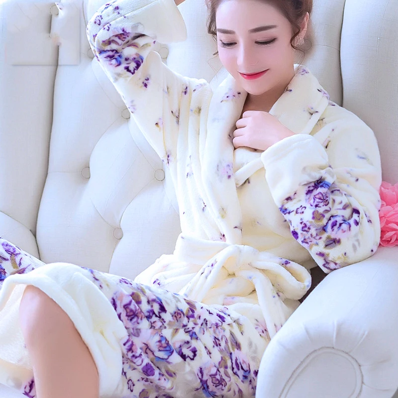 Мягкие халаты, Женский длинный халат, цветочный фланелевый зимний теплый халат кимоно, банный халат, одежда для сна, женская ночная одежда, домашняя одежда - Цвет: P