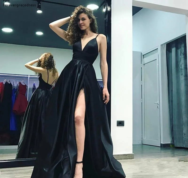 Sexy Black 2018 Split Evening Dresses Long A Line V Neck Spaghetti Straps Prom Party Gowns Formal Celebrity Dress Wears  96