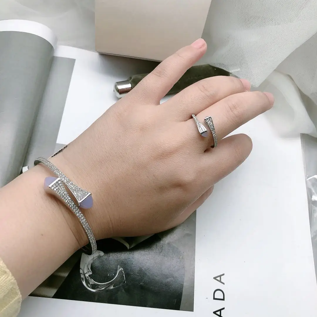2021 New Romatic Women Fashion 2 Pcs Bracelet & Ring Set Candy color stone Simple Design Gold Open Cuff Bangle Ring Jewelry Set 