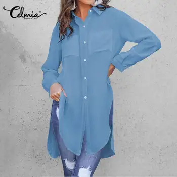 

S-5XL Celmia Women Tops and Blouses Solid Chiffon Office Shirts Ladies Lapel Long Sleeve Asymmetrical Blusas Femininas Clothes