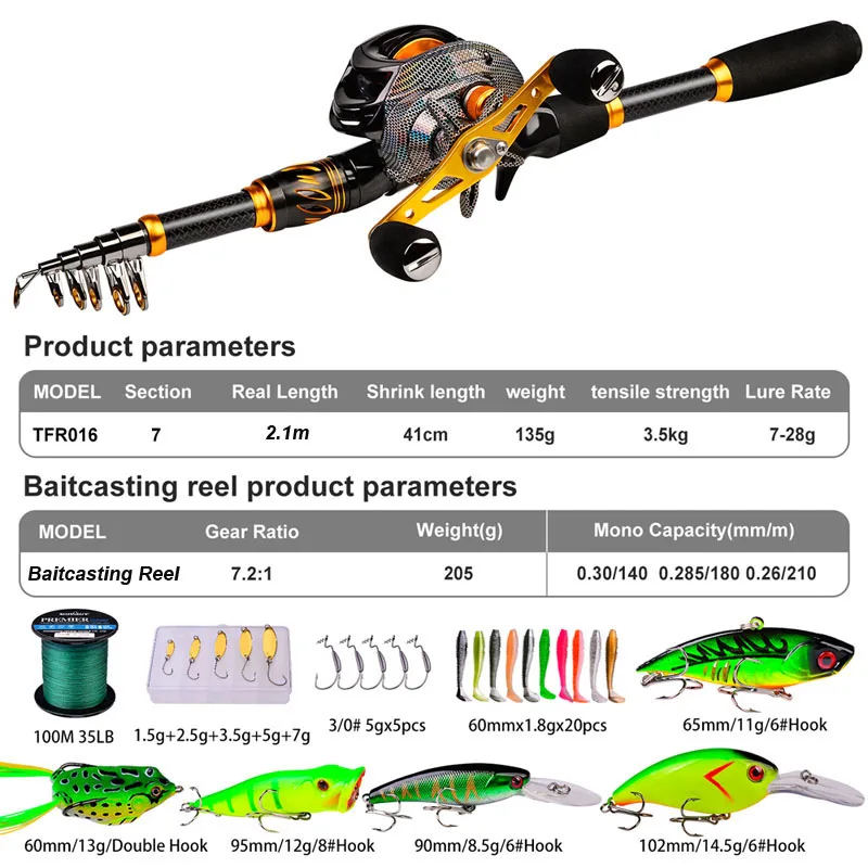 YUCONG 2.1m Fishing Rod And Reel Combo Telescopic Portable Ultralight Rod  Baitcasting Reel Kit Line Lure Bag Hooks Full Set - AliExpress