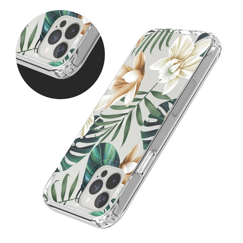 2 in 1 Flower Leaves Transparent Bumper Shockproof Phone Case For iPhone 11 12 13 Pro Max XR XS Max 7 8 Plus Silicone Hard Cover iphone 13 mini case