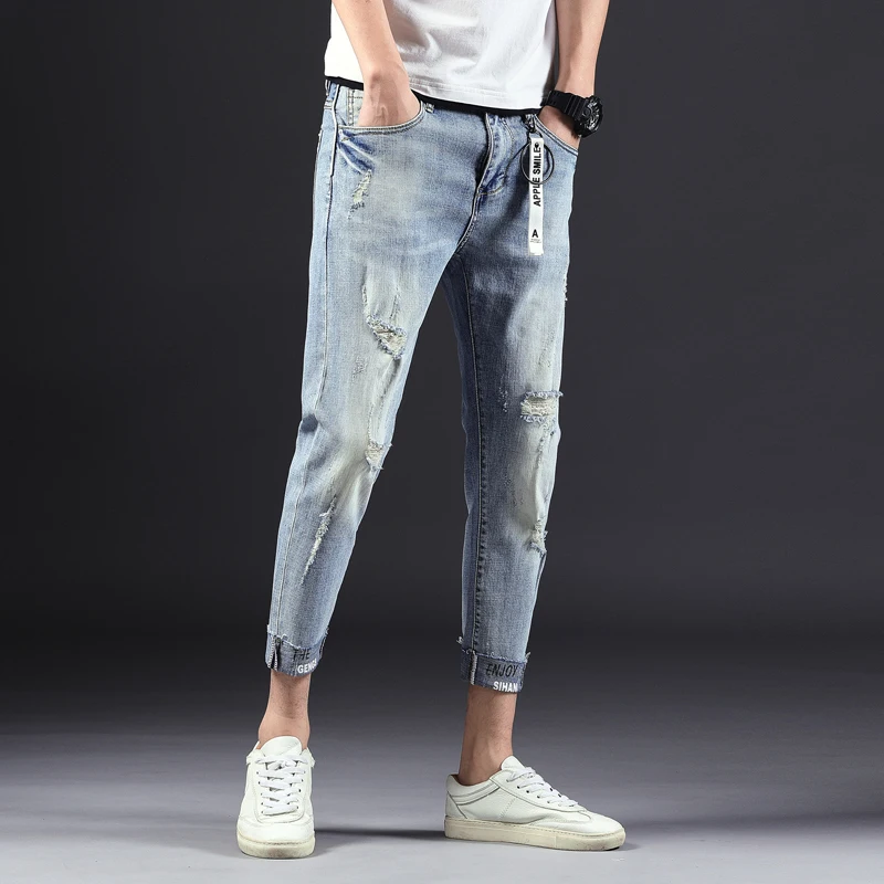 Deals Men Jeans Stretch Destroyed Ripped Men's Mid-rise Tight-leg Stretch Crop Jeans Design Fashion Ankle Zipper Skinny Jeans For Men
