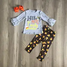 Новое поступление, осенне-зимняя одежда для детей на Хеллоуин серый топ с длинными рукавами и принтом «Маленькая Мисс Кукуруза», штаны, подходящие аксессуары