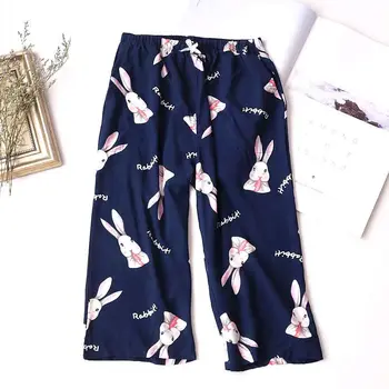 

Printed Cropped Trousers Lounge Pants Women Summer New Pure Cotton Thin Section Cool Home Pants Side Pockets Loose Pajamas Pants