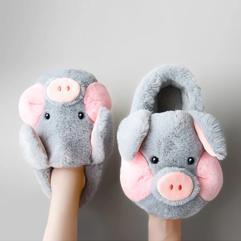 2022 cute Cartoon Pig Slippers Warm Thick Plush Shoes Home Indoor Non-slip Furry Slides Women Winter fluffy fur slippers 