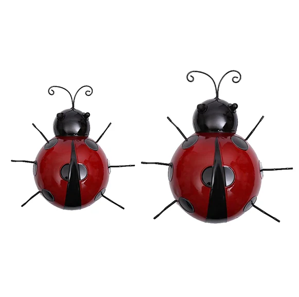 Metal Garden Wall Art Decorative Set of 2 Cute Ladybugs Outdoor Wall Sculptures (Red, 10cm & 16cm)