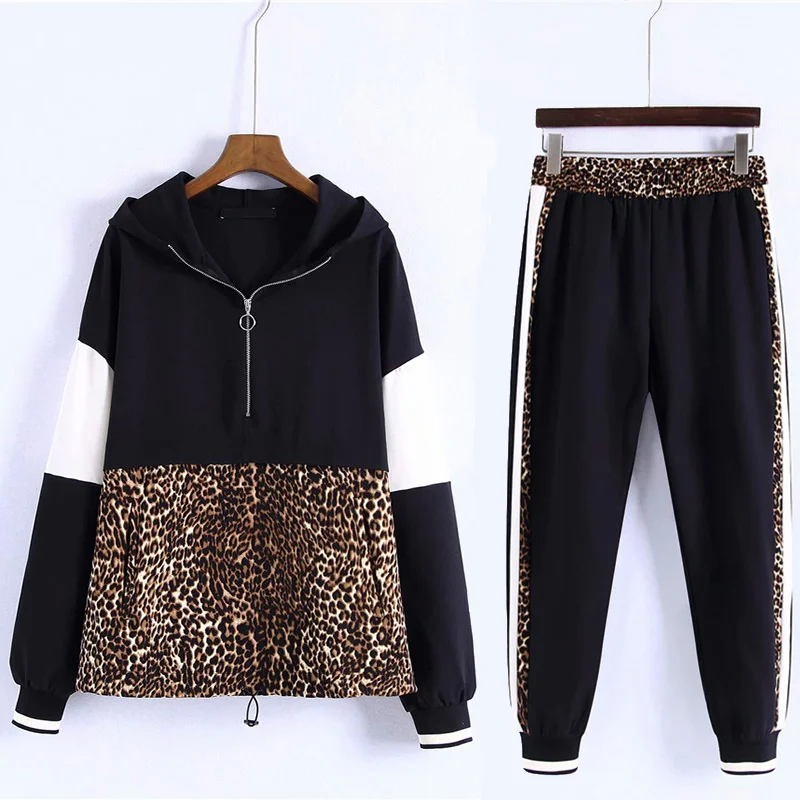 cheap 2019 Spring Women 2 Pieces Sets Leopard Spliced Sweatshirt Ankle Length Harm Pants Oversize Tracksuits Hoodies Outfiits