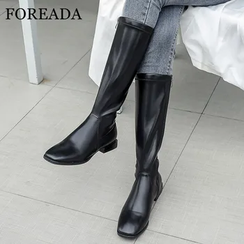 

FOREADA Square Toe Knee High Boots Real Leather Riding Boots Woman Low Heel Long Boots Zip Block Heel Ladies Shoes Black Size 43