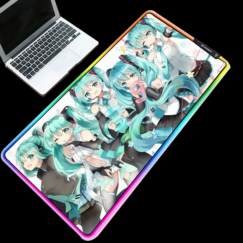 Yuzuoan 900X400 коврик для мыши Hatsune Miku, тканевый светодиодный коврик с цветным освещением и RGB управлением, удобный игровой коврик для мыши World of Tanks DOTA