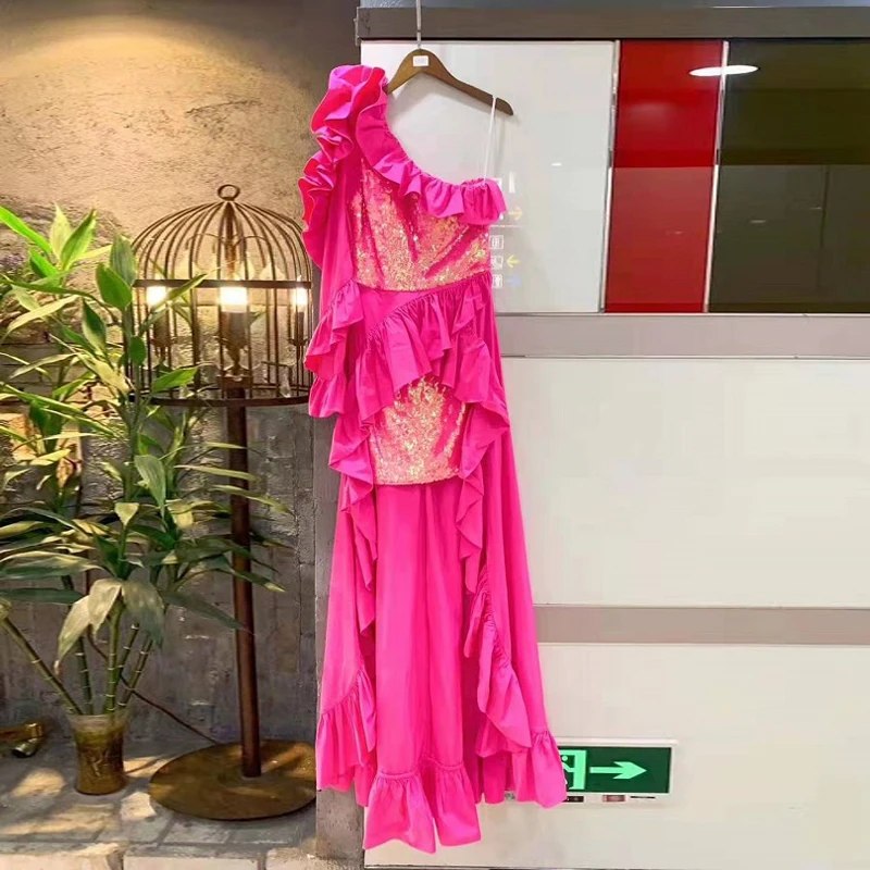 Elegant Pink One Shoulder Ruffles Design HIgh Quality Maxi Dress Women Celebrity Evening Party Dress Vestidos Wholesale