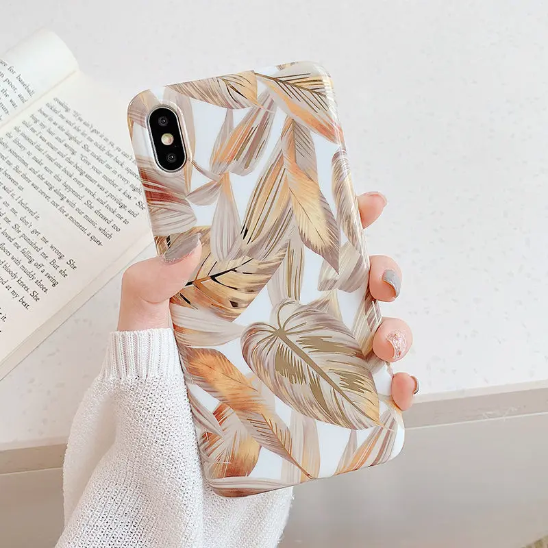 Роскошный чехол для телефона с золотыми бананами и листьями для iphone XR X XS Max 7 6 6S 8 Plus, гальванизированный Мягкий силиконовый чехол IMD - Цвет: Leaves pattern