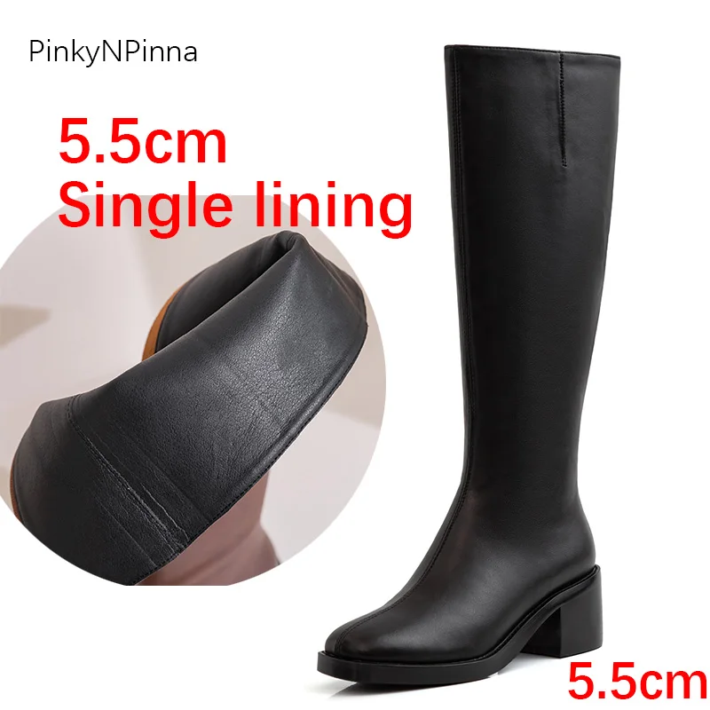 5.5cmBlackSingle Женские зимние высокие сапоги из натуральной кожи; сапоги до середины икры в стиле милитари; Уличная обувь в западном стиле для верховой езды на молнии с подкладкой из плюша; винтажные сапоги на не сужающемся книзу массивном каблуке - Цвет: 5.5cmBlackSingle