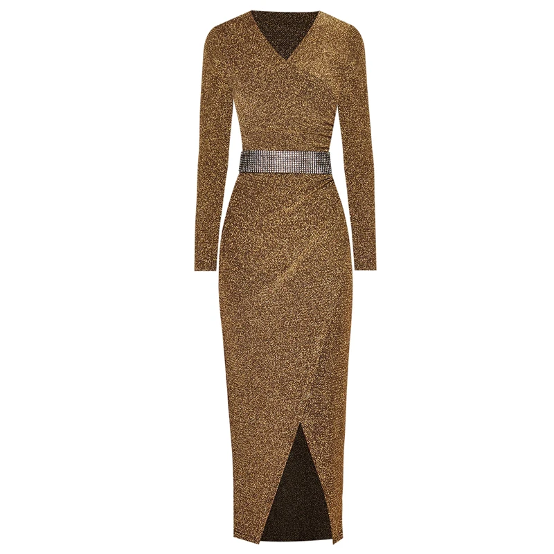 GoodliShowsi High End Noble Women's Sexy Formal Dress Lurex V-Neck Charming Ladies Banquet Party Night Bodycon Dresses 4 Colors - Цвет: Золотой