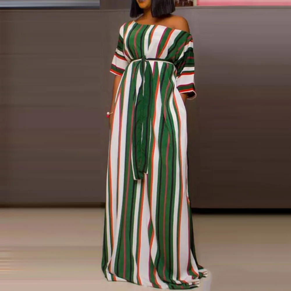 Свободное длинное вечернее платье в полоску на одно плечо с поясом африканском