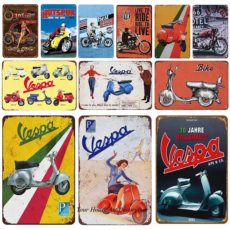 Vintage Vespa Plaque Metal Tin Sign Best Garage For Motorcycle Live To Ride Shabby Chic Decor Hotspur Bar Decoration Poster Pub | Дом и сад
