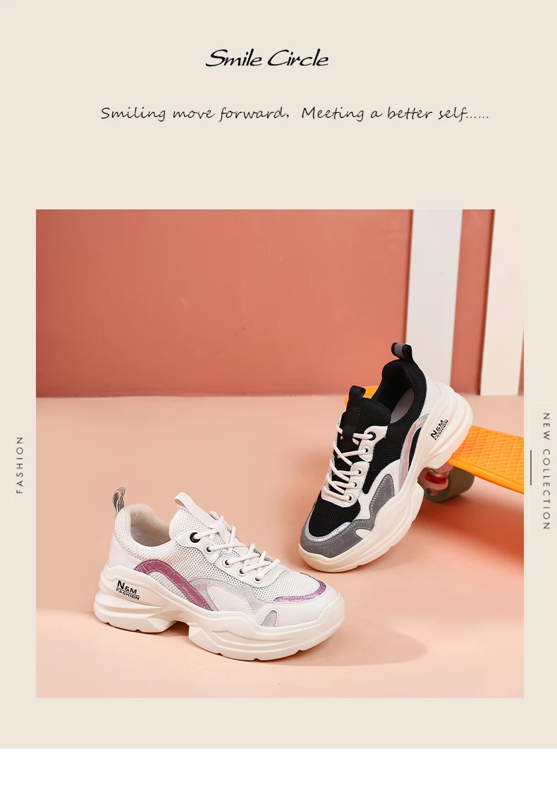 Smile Circle Women Sneakers Flat Platform shoes Genuine Leather Fashion Breathable Lace-up Student sneakers