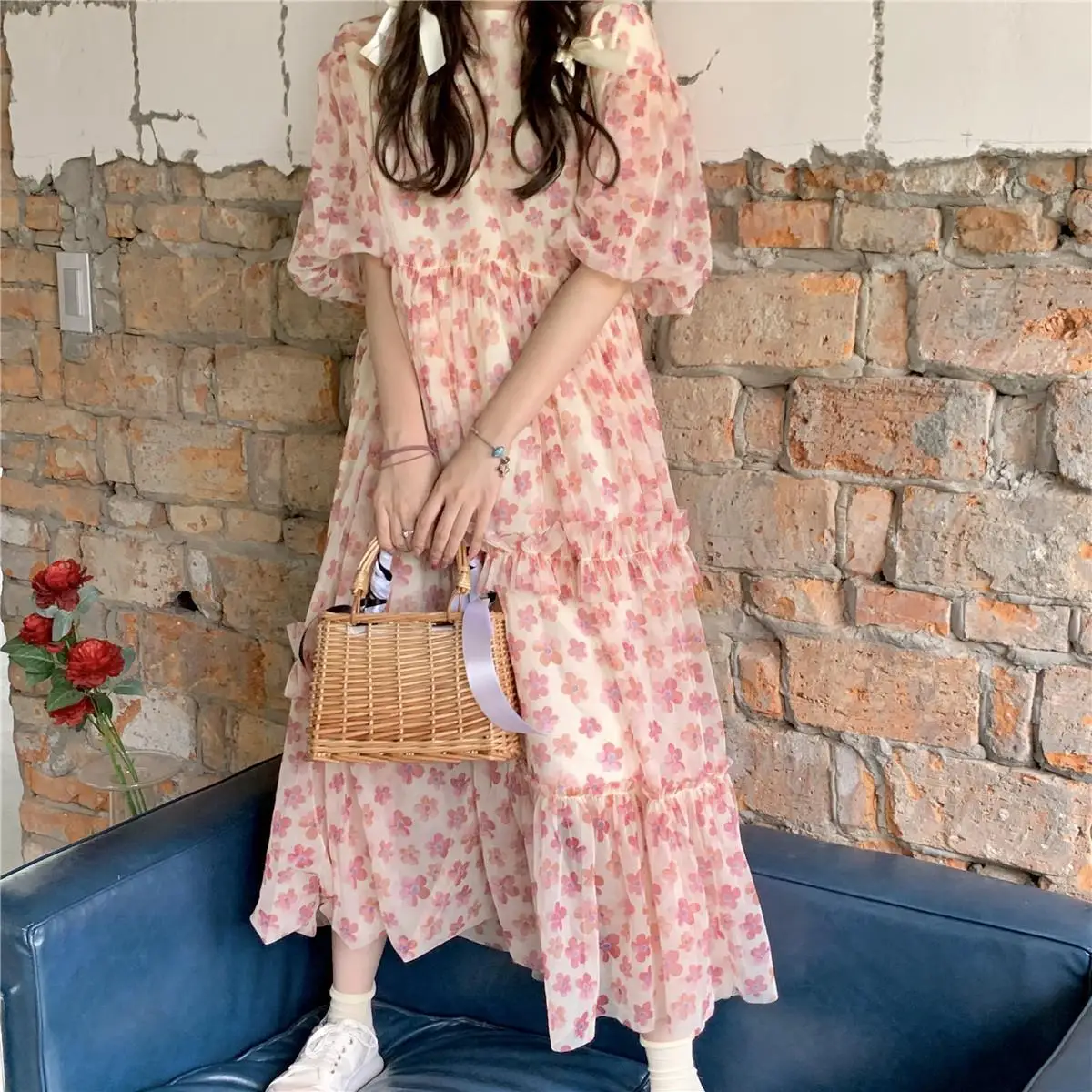 Sweet O-neck Dress Women Half Puff Sleeve Elegant Printed Oversize Dresses Female Ankle-length Fashion Korean Style Temperament dresses to wear to a wedding