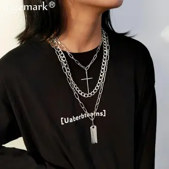 

Hip Hop Cross Long Chain Necklace Women Collar Multilayer Stainless Steel Silver Color Vintage Big Square Necklaces Goth Jewelry