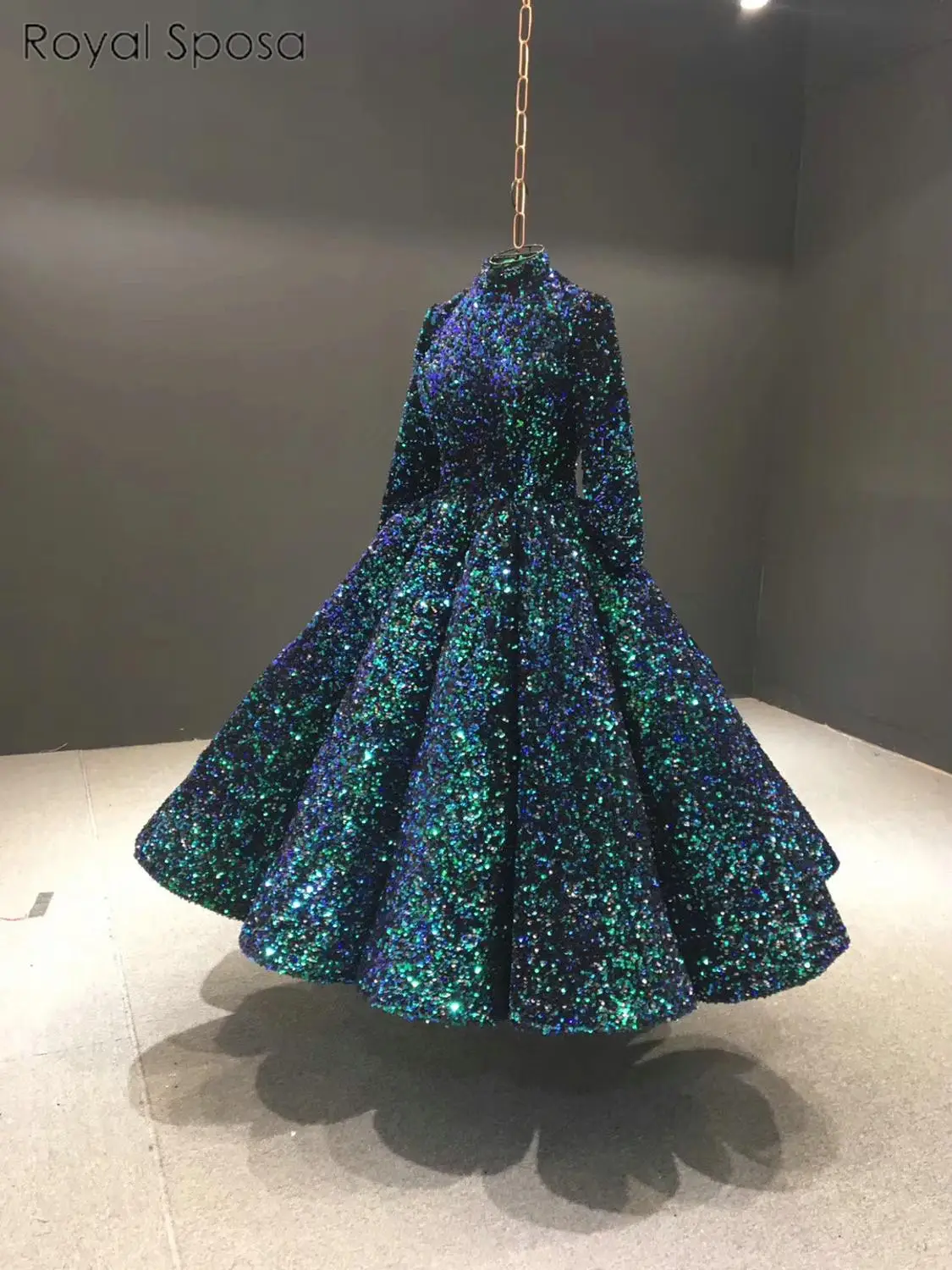 Новое вечернее платье длиной до лодыжки с длинными рукавами и высоким вырезом - Цвет: picture green