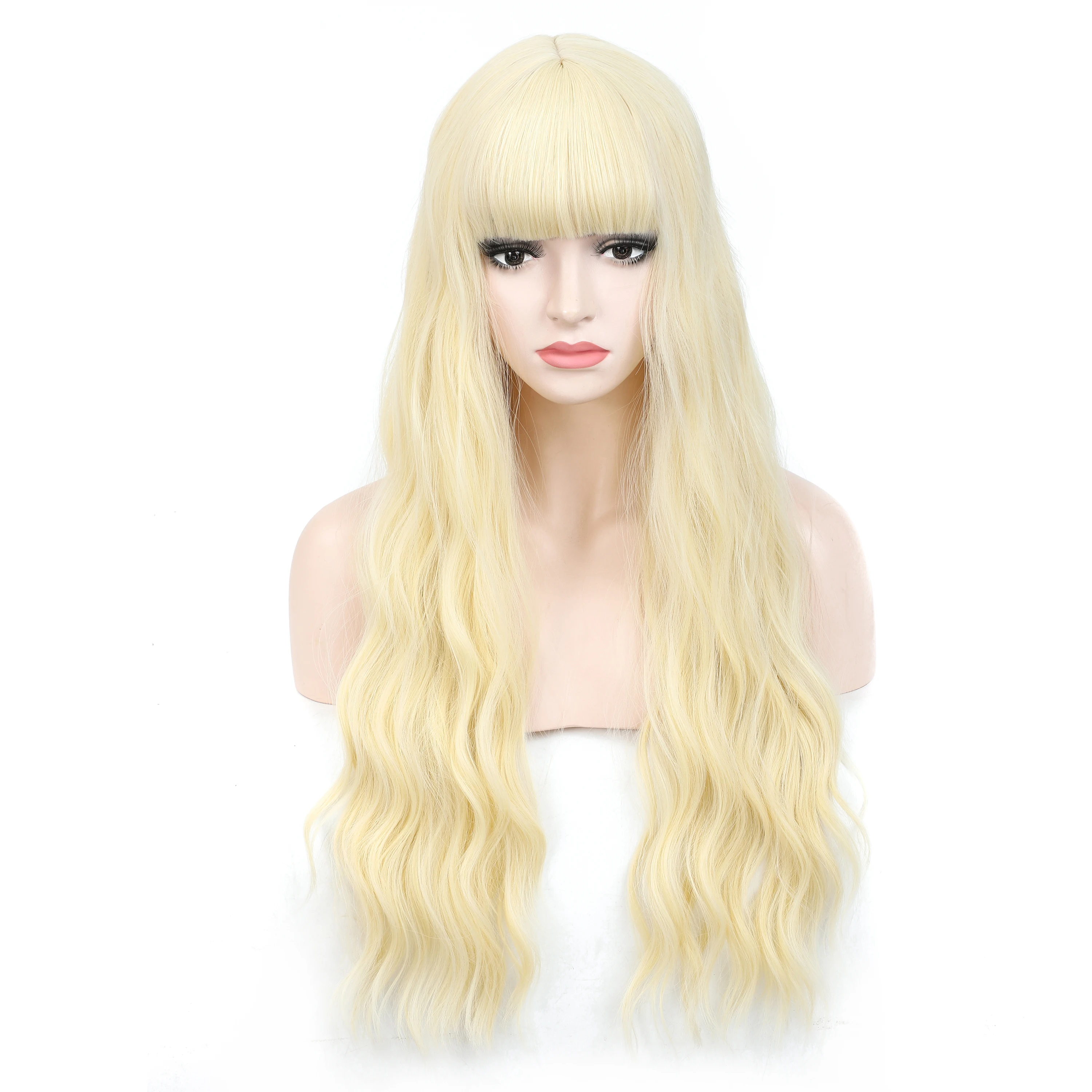 

LANYI Hair 28 inch Long Wavy Blond Synthetic Hair Wigs with Bangs For Women Cosplay Daily Use Wigs Heat Resistant lolita fashion