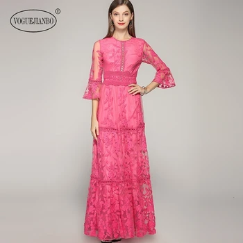 

Dress summer new women's clothing crew neck mesh embroidery cutout mop dress Pink lace dress ropa mujer sexy vestido de festa