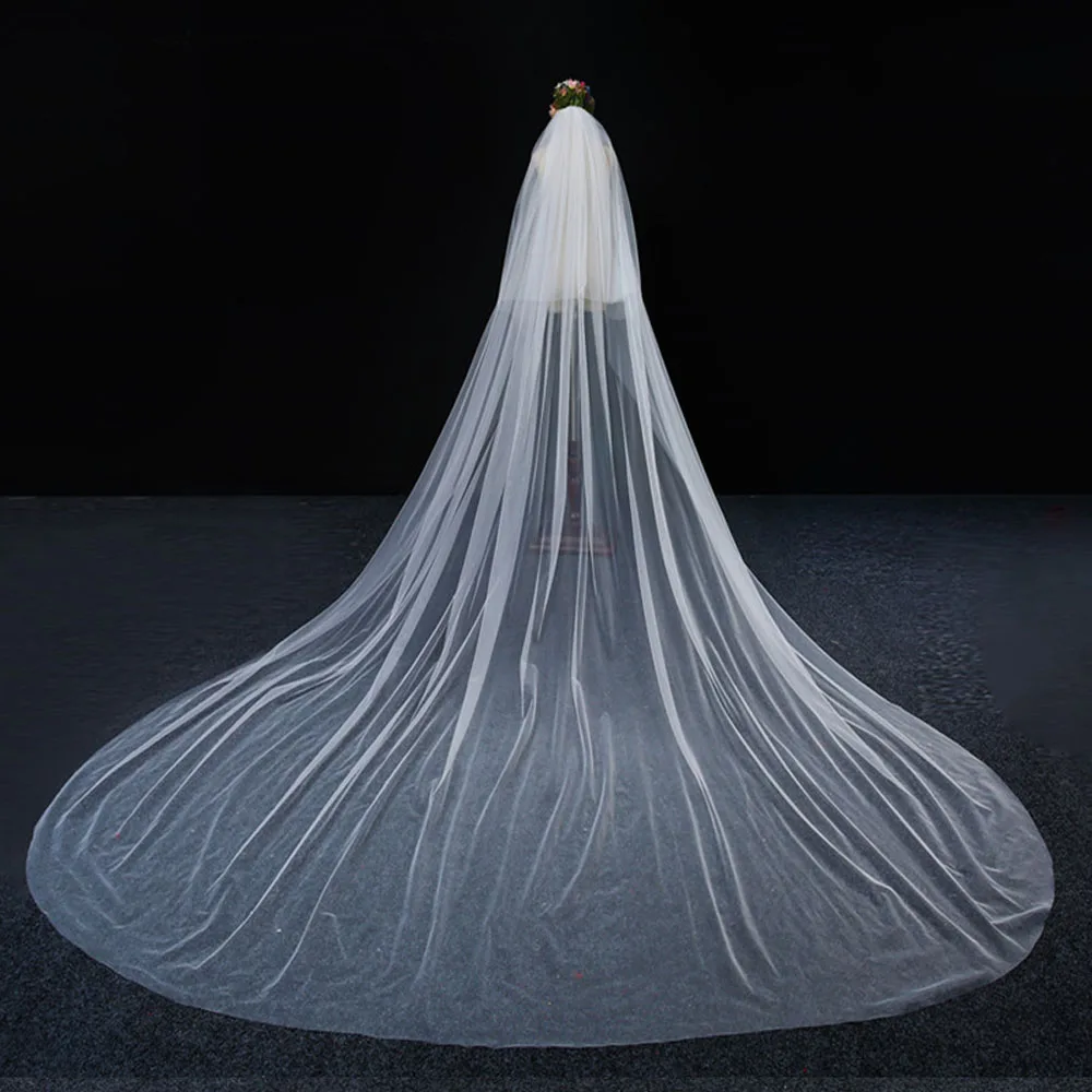 Elegant Long White Veil Hair For Women Accessory Cathedral Bride Wedding Costume Party Head Wear Soft Tulle Free Shipping women bow fascinator hat with veil kentucky derby cocktail tea party wedding feathered headband