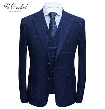 

PEORCHID Plaid Costume Homme Bleu Groom Suit Slim Prom Party Suit For Men Business Formal Jackets Vest Pants New Arrival