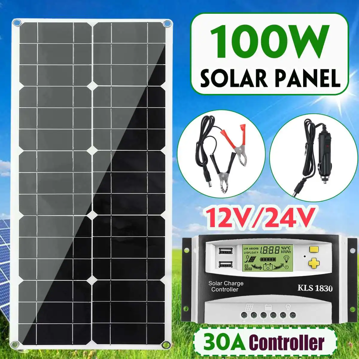 100 Вт солнечная панель двойной USB блок питания с автомобильным зарядным устройством 30A солнечные панели из кремня регулятор зарядное устройство контроллер для кемпинга на открытом воздухе - Цвет: 30A white controller