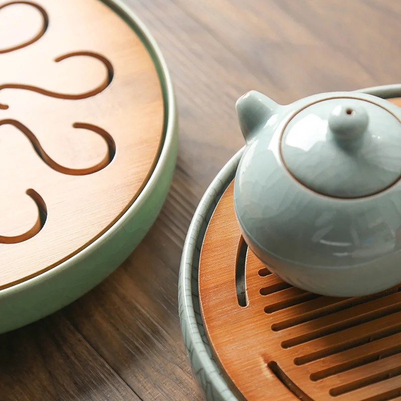 Чайный набор Longquan Celadon, маленький чайный поднос, керамический+ бамбуковый столик для хранения воды, Простой Круглый Чайный блюдце, чайная тарелка