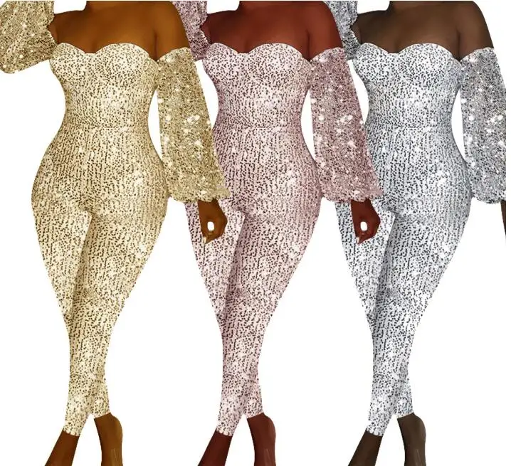 Autumn Women's Fashion Sequins with Long Sleeve One-Shoulder Long Nightclub Party Jumpsuit Rompers Women Jumpsuit