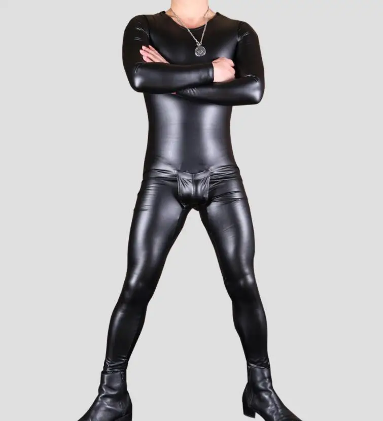 Men Sexy Corset One-piece/Shirt Pants Set Underwear Elastic Slim Faux Leather Velvet Warm Stylish