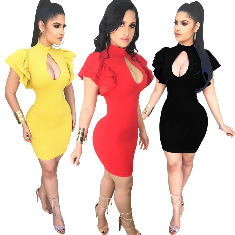 

Ls6051 Europe And America WOMEN'S Dress Summer New Style Evelyn Flounced Sleeves Open-Front Solid Color Slim Dress Multi-color
