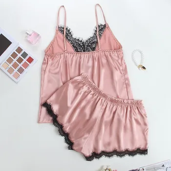 

Sleepwear Women Lace Trim Satin Cami Top and Shorts Pajamas Set 2019 Pink Sexy Wireless Lingerie Sets Summer Satin Sleepwear