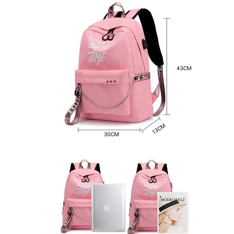 USB Charge Luminous Chain Nylon female book bag backpack schoolbag school bag travel pack fashion women teenage teenagers girls