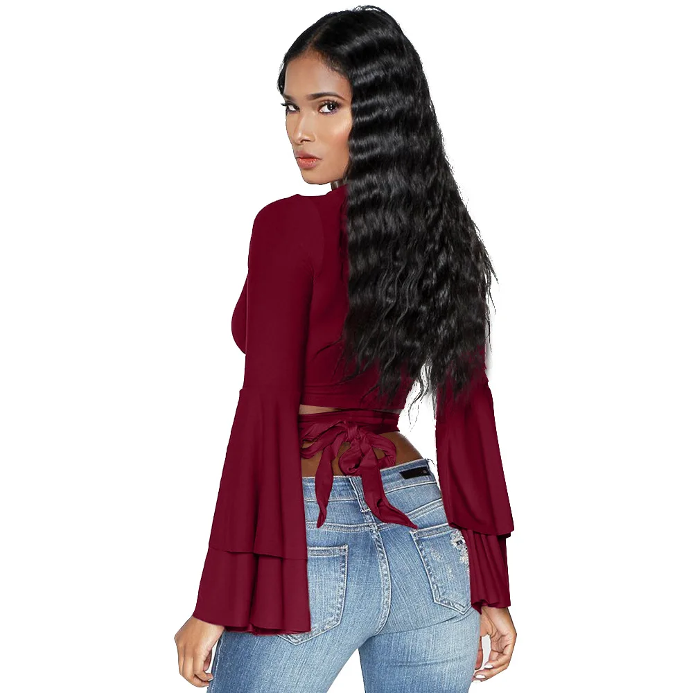 Women T-shirt New Arrivals Deep V-neck Long Flare Sleeve Office Lady Womens Summer Bandage Tshirts Tees Sexy Shirts