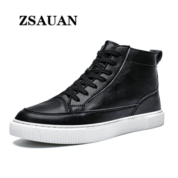 

ZSAUAN High Top Lace Up Men PU Leather Casual Board Shoes Trend Retro Round Toe Anti-skid Male Footwear Wear-resistant Shoes